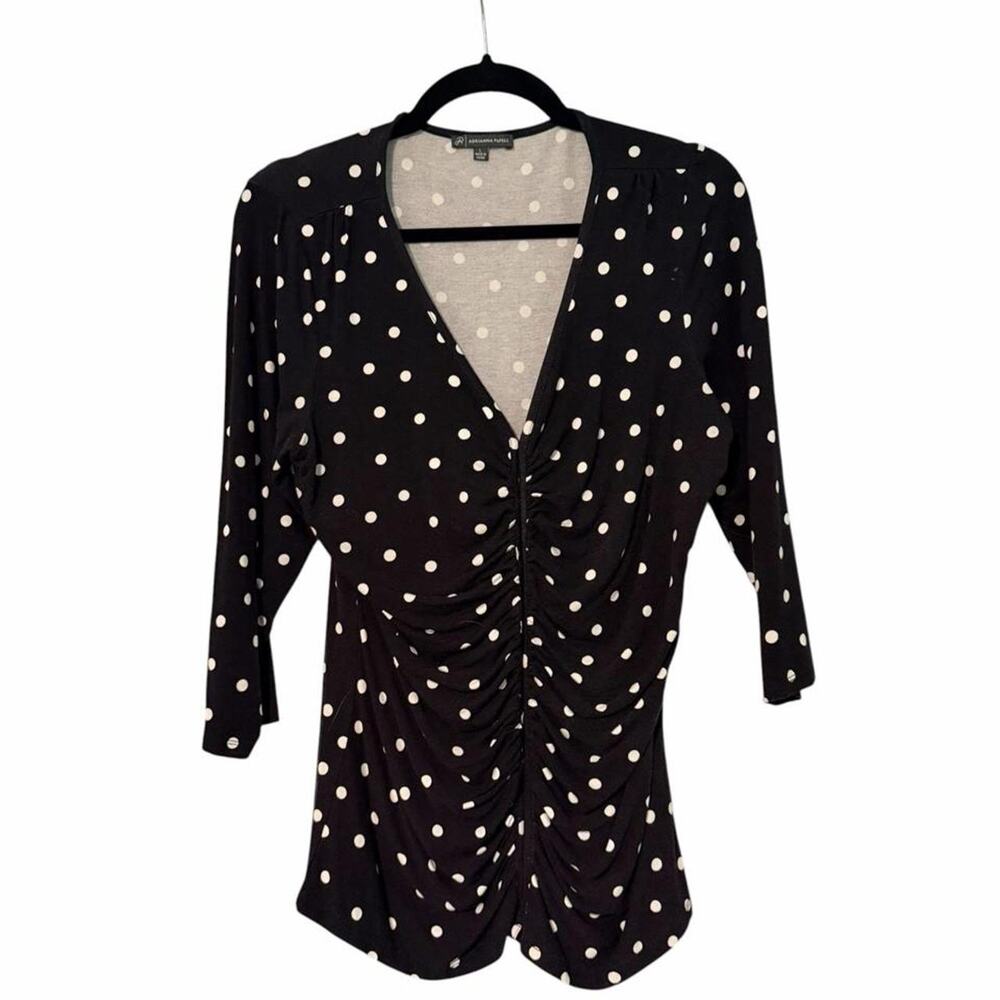 Adrianna Papell Black with White Polka Dot Slimming Blouse L